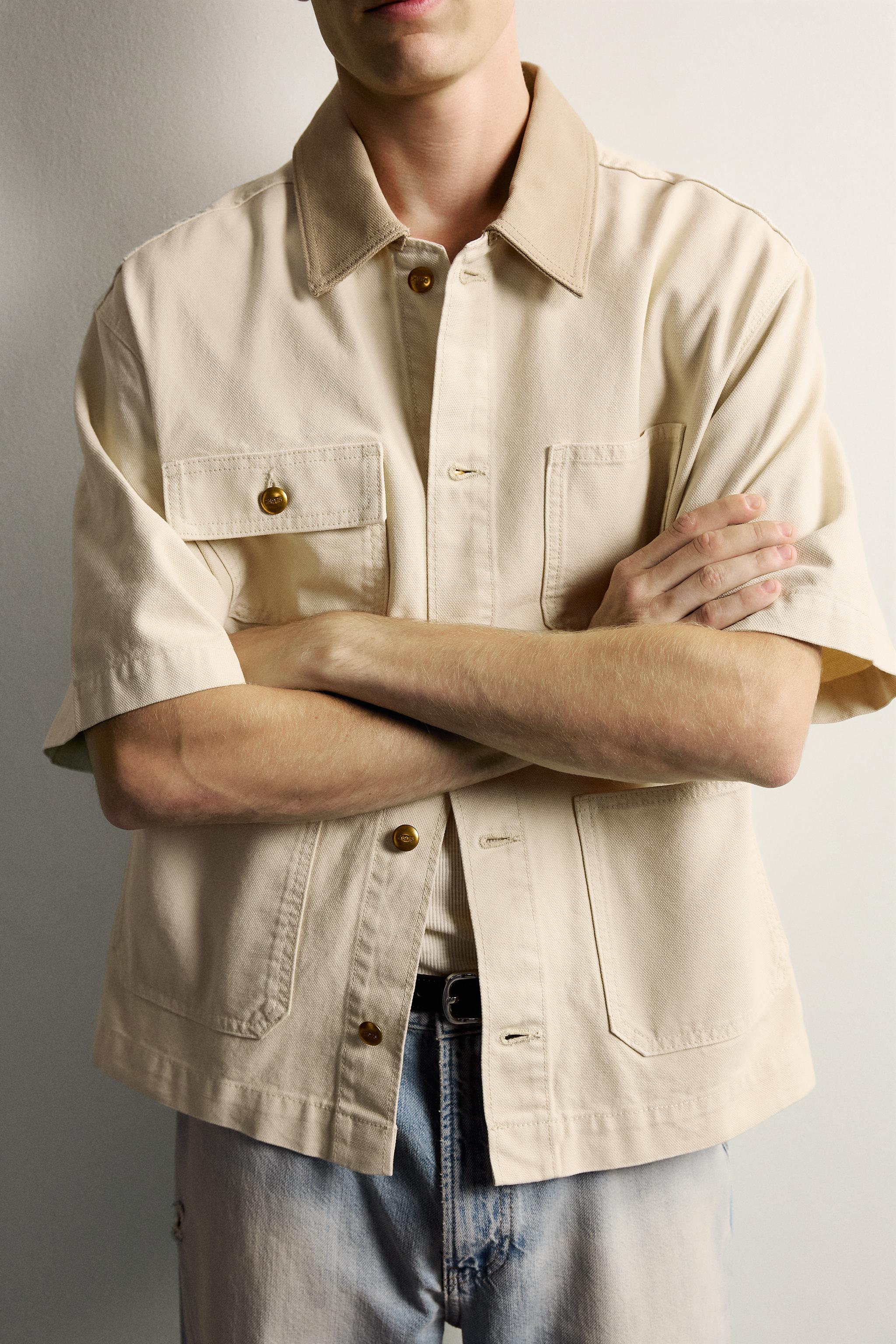 SHORT SLEEVE CONTRAST COLLAR OVERSHIRT